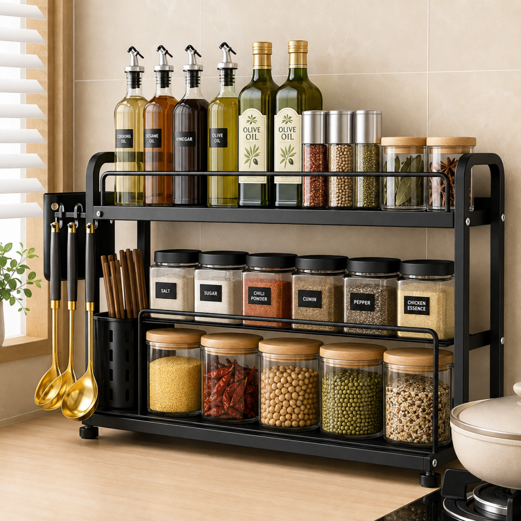 Kệ gia vị nhà bếp giúp sắp xếp chai lọ gọn gàng