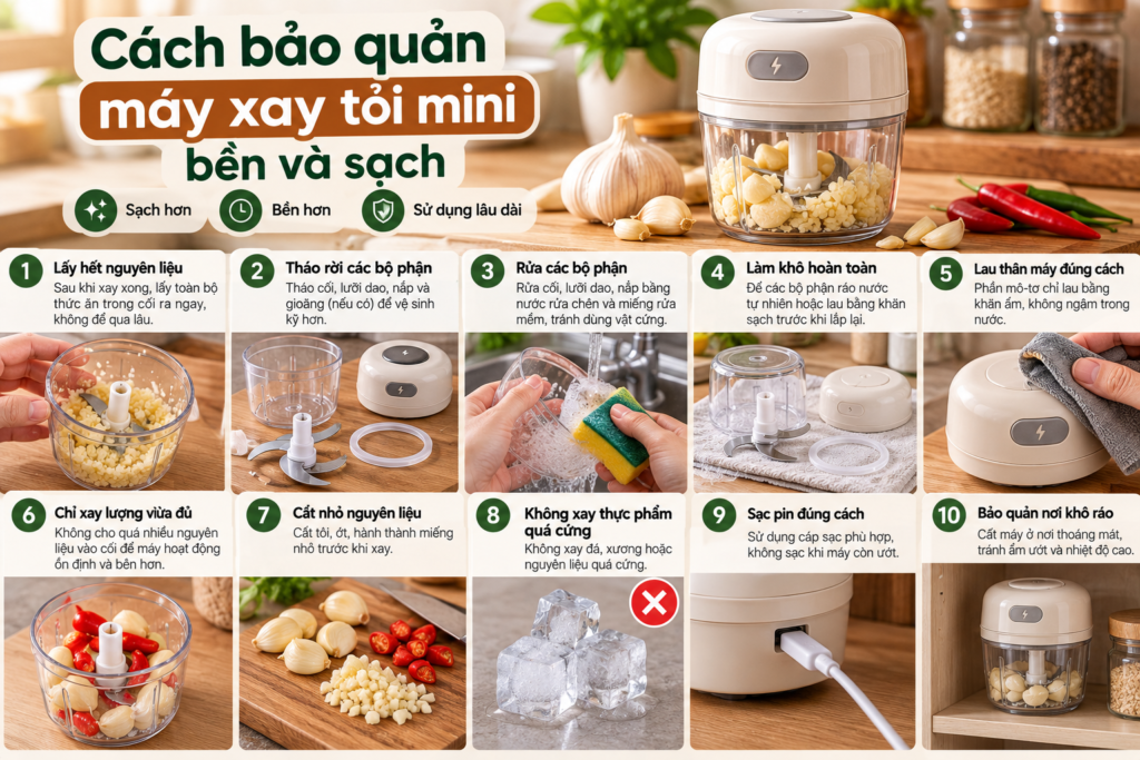Ảnh hiện tại: Cách bảo quản máy xay tỏi mini bền và sạch