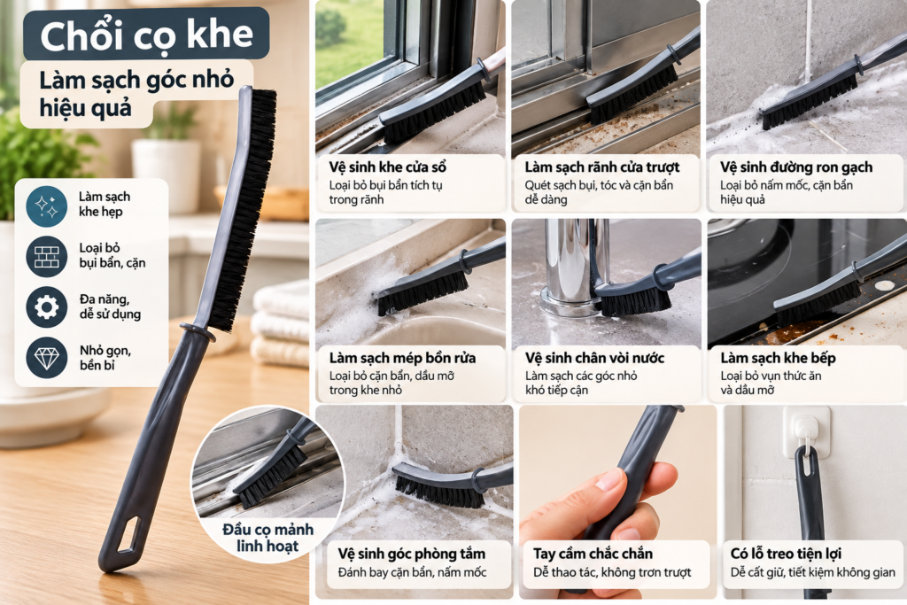 Chổi cọ khe giúp làm sạch các vị trí nhỏ và khó tiếp cận
