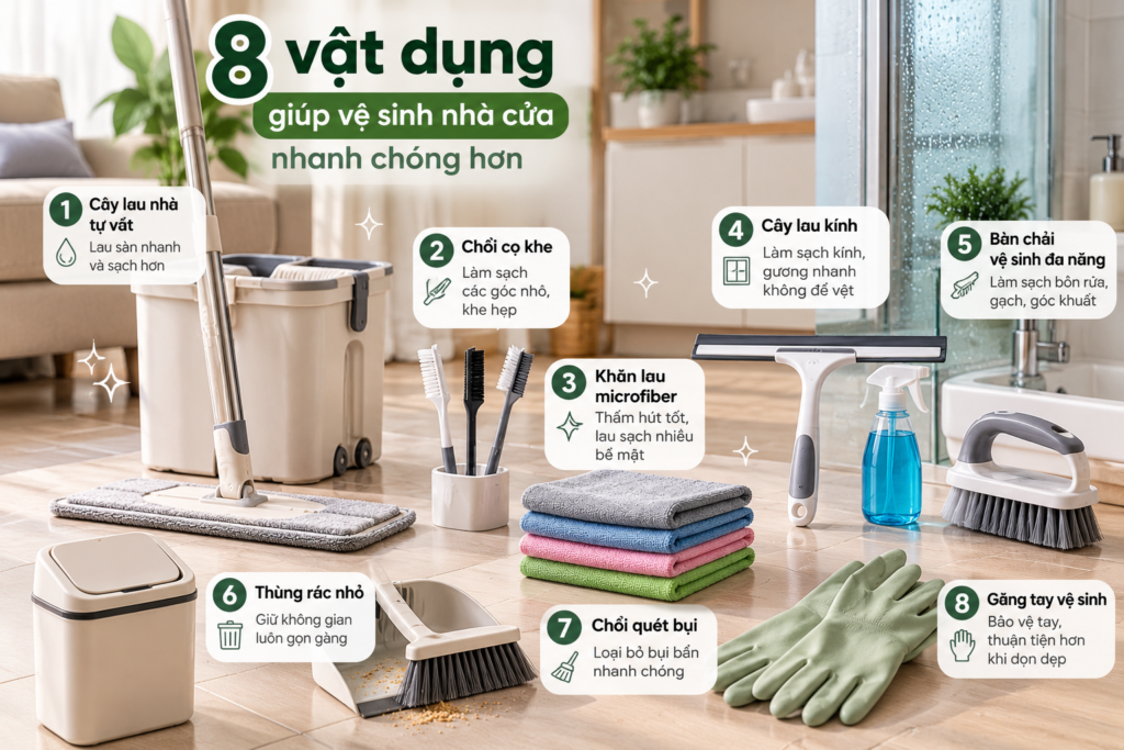 Ảnh hiện tại: Dụng cụ vệ sinh nhà cửa giúp dọn dẹp nhanh chóng